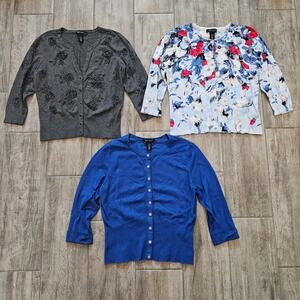 White House Black Market Cardigan Lot 3 Womens M Floral Jewel Button Grey Blue